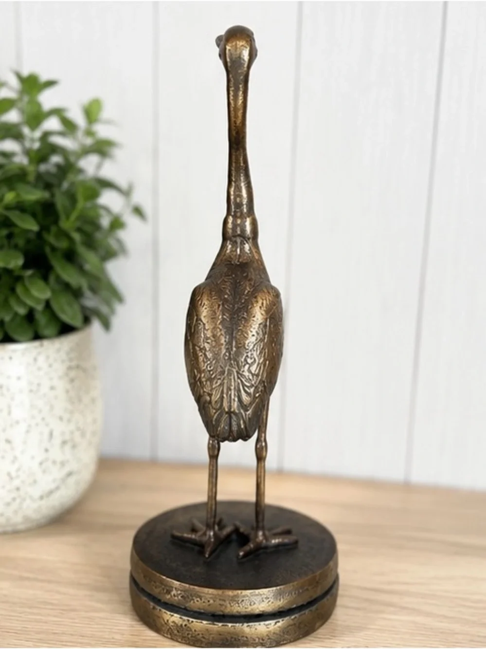 Bronze Finish Standing Crane Statue Brass Accent Bird Sculpture Coastal Home Dec